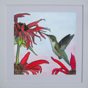 Hummingbird Feeding Original Silk Painting Framed