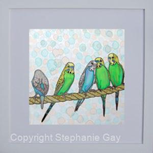 Have You Heard? - gossiping budgies, Original Silk Painting Framed