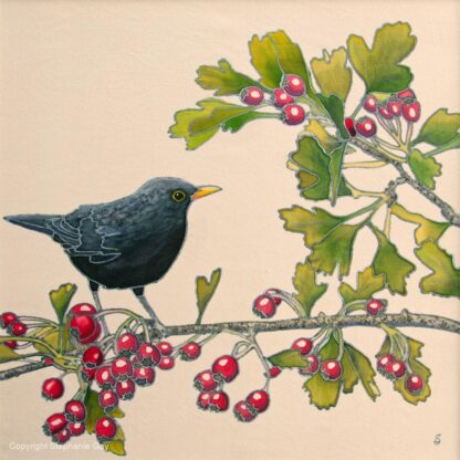 Blackbird and Hawthorn Original Silk Painting
