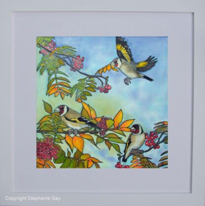 Autumn Feast - Goldfinches Original Silk Painting Framed