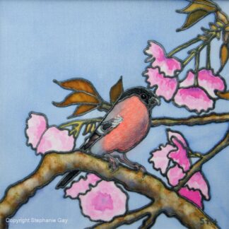 Bullfinch and Cherry Blossom Original Silk Painting
