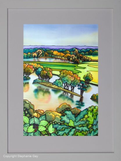 View Across the Thames from Cliveden II, Original Silk Painting Framed