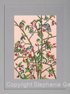 All of a Twitter Blue Tits and Rosehips, Original Silk Painting Framed