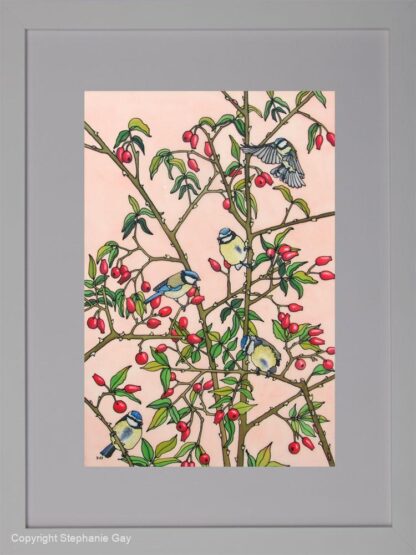 All of a Twitter Blue Tits and Rosehips, Original Silk Painting Framed