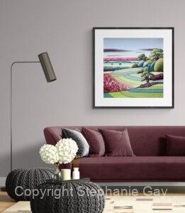 West from Bisham Hill I, Original Silk Painting Framed in a Room Setting