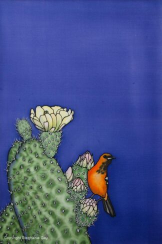 A Prickly Perch - Orange Oriole and Cactus Original Silk Painting