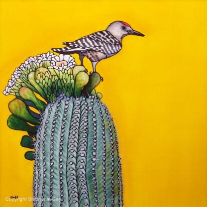 Bed of Nails - Gila Woodpecker and Cactus, Original Silk Painting
