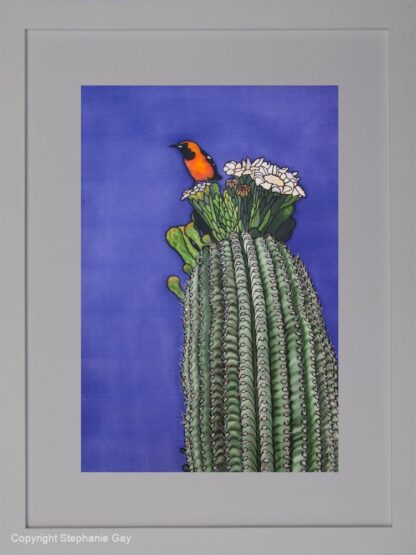 Careful Where You Put Your Feet - Orange Oriole and Cactus Original Silk Painting Framed