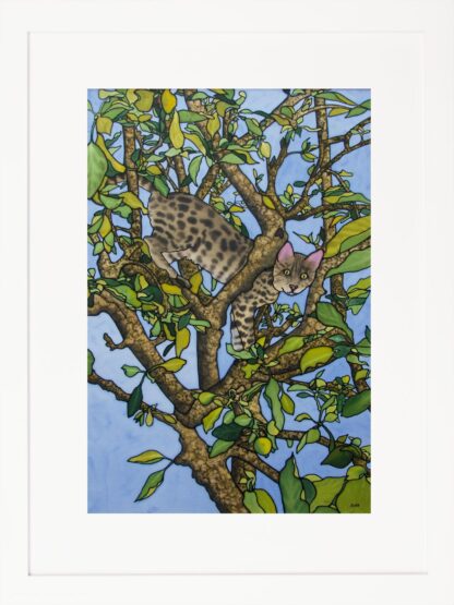 Spotted in a Tree - Bengal Cat, Original Silk Painting Framed