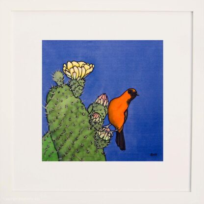 Oriole and Cactus II Original Silk Painting Framed