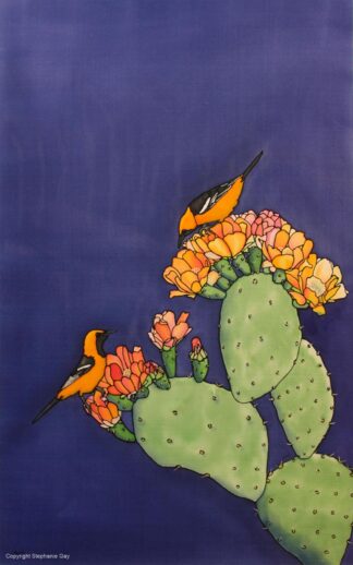 A Little Bird Told Me - Orange Orioles and Cactus Original Silk Painting