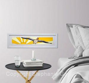 Emergency Landing Original Silk Painting Framed in a Room Setting