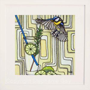 Gin and Tit - Blue Tit & Gin and Tonic Original Silk Painting Framed - gift for gin lover