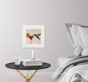 Humdinger - Hummingbird and Cocktail Original Silk Painting Framed in a Room Setting