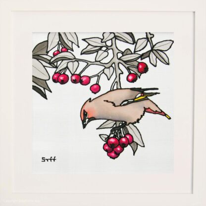 Waxwing and Berries Original Silk Painting Framed
