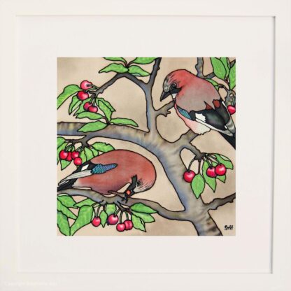 The Cherry Thieves - Jays Original Silk Painting Framed