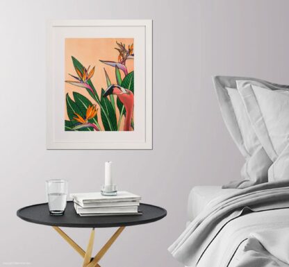 The Imposter - Flamingo Original Silk Painting Framed in a Room Setting