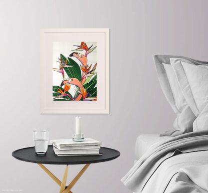Camouflage - Flamingos in Paradise Original Silk Painting Framed in a Room Setting