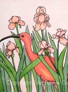 Ibis in the Iris, Original Silk Painting