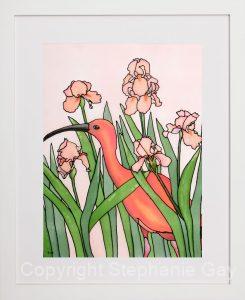 Ibis in the Iris, Original Silk Painting Framed