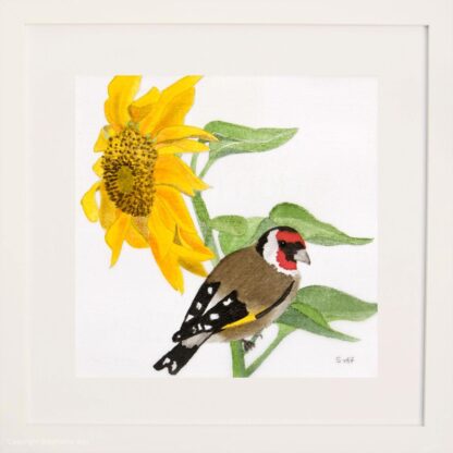 Looking For Lunch - Sunflower and Goldfinch, Original Silk Painting Framed