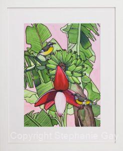 Going Bananas - Bananaquits and Bananas Original Silk Painting Framed
