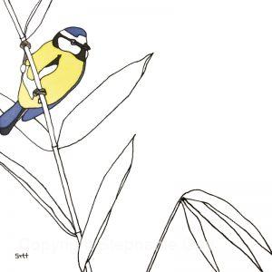 Blue Tit and Bamboo, Original Silk Painting