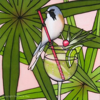 Gin and Tit (Bearded Tit and Gin & Tonic) Original Silk Painting - gift for gin lover