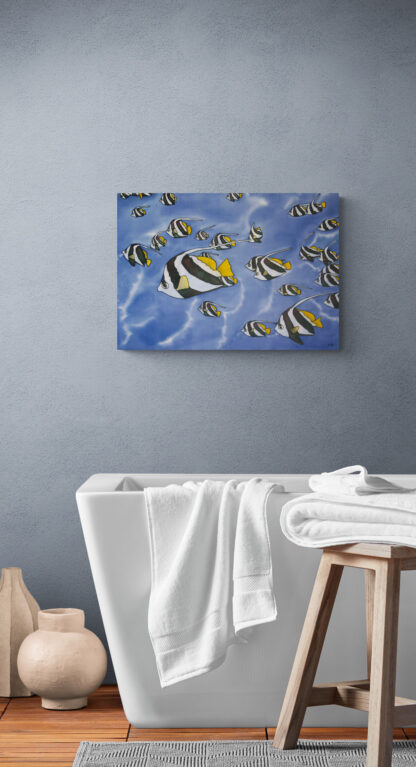 Synchronised - Angel Fish Silk Painting Framed in a Room Setting
