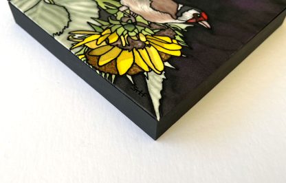 Goldfinch and Sunflower Silk Painting Showing Frame