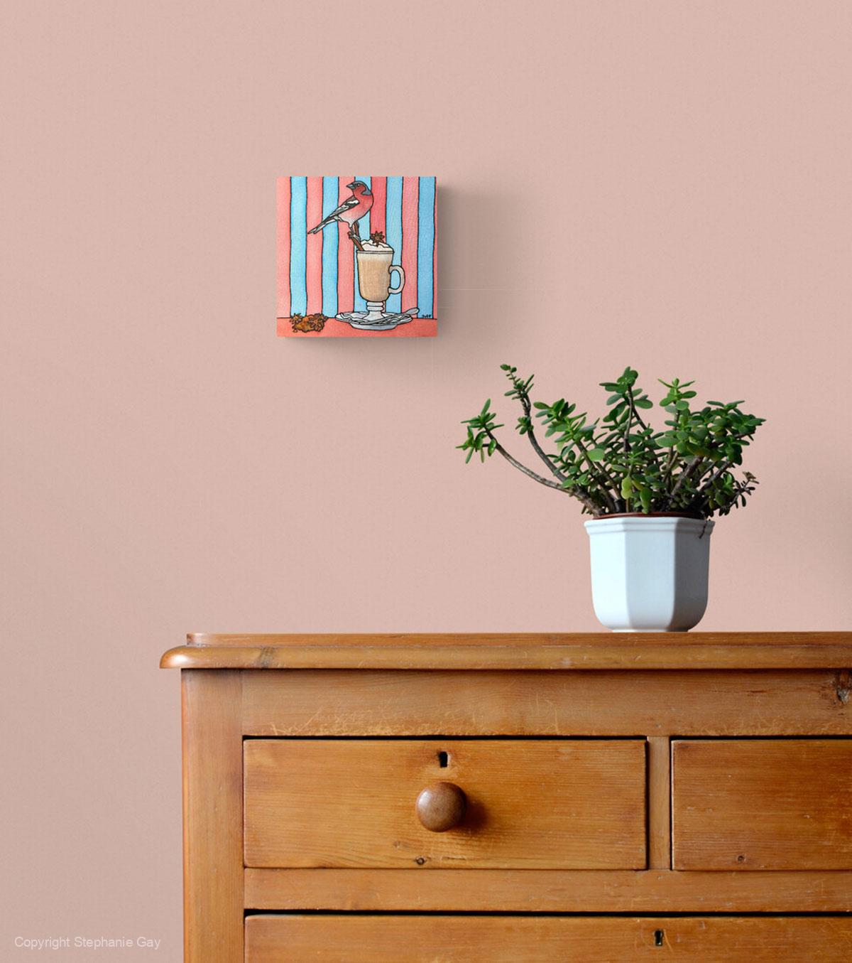 Chai Finch Latte Silk Painting in a Room Setting