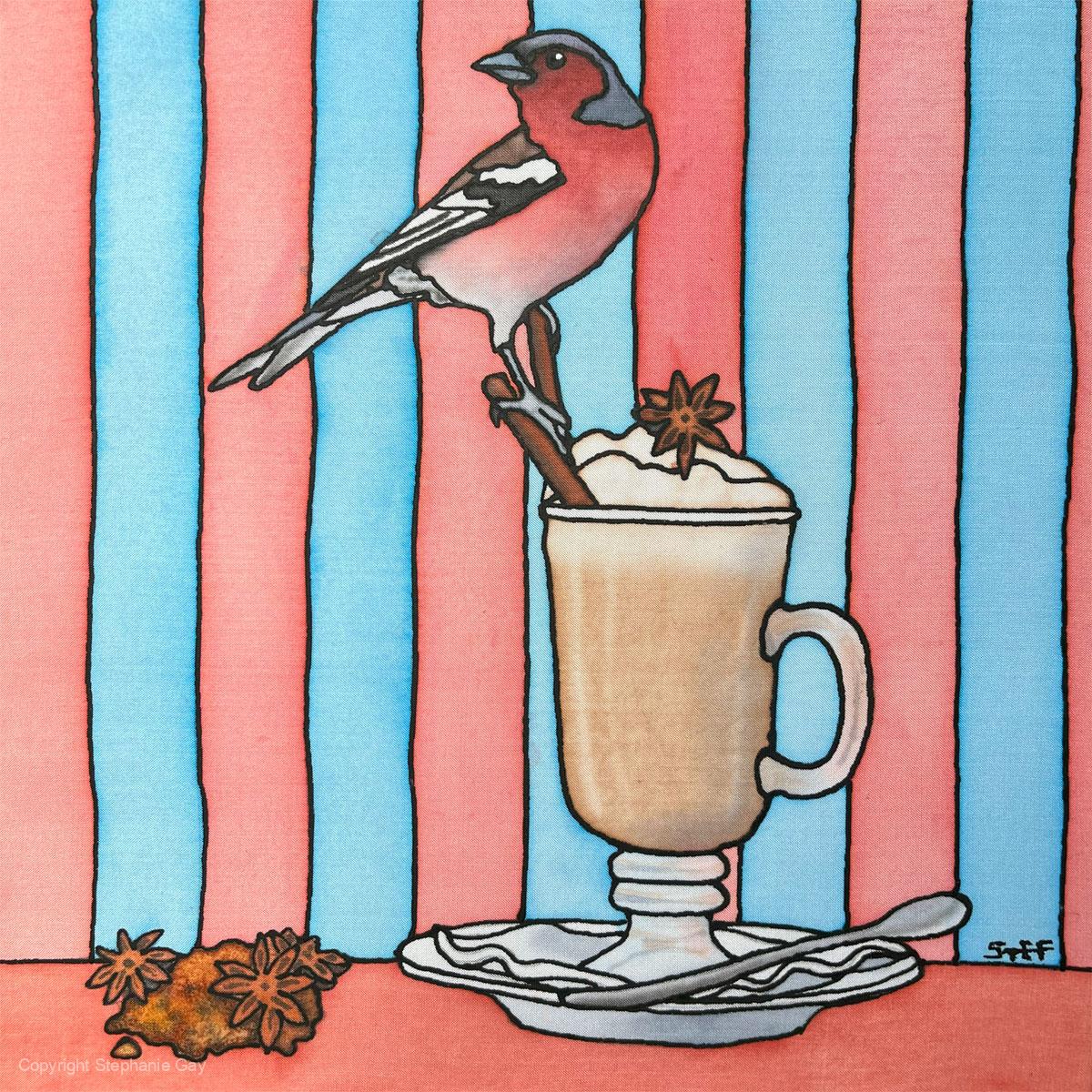 Chai Finch Latte Silk Painting featuring a chaffinch and a chai latte