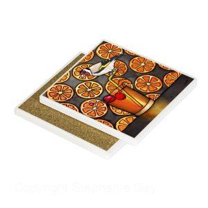 Gold Fashioned Ceramic Coaster featuring image of old fashed cocktail and goldfinch