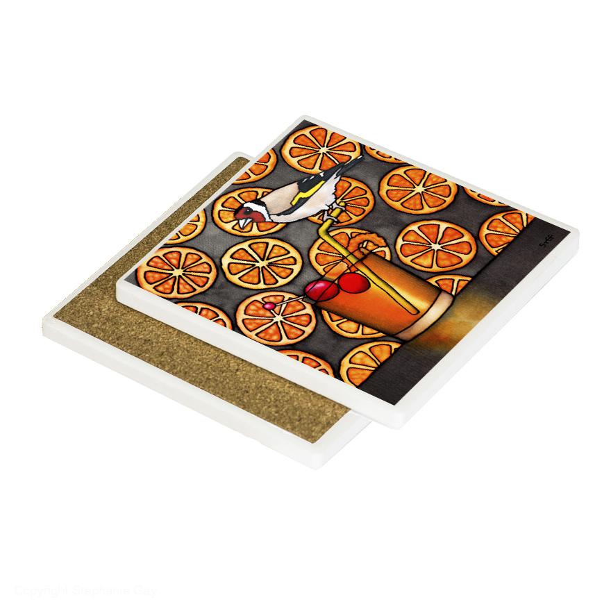 Gold Fashioned Ceramic Coaster featuring image of old fashed cocktail and goldfinch