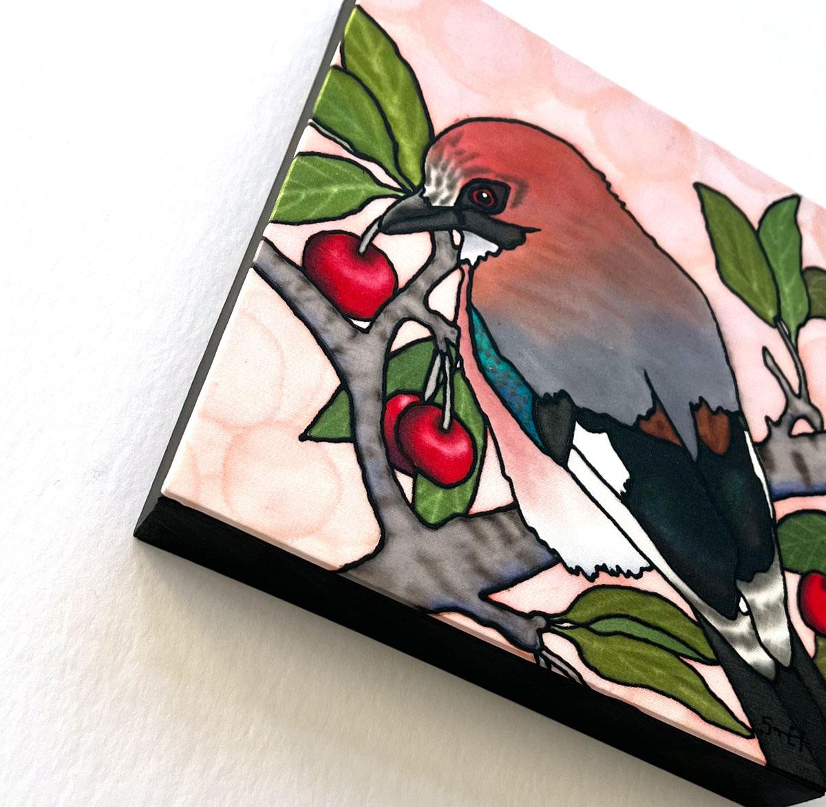 Jay & Cherries Silk Painting - Image 2
