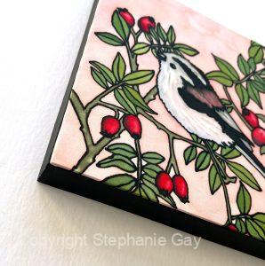 Long Tailed Tit & Rosehips Silk Painting Showing Frame