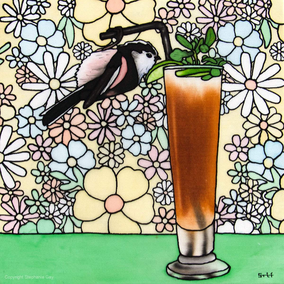 Long Tailed Iced Tea - Long Tailed Tit and Long Island Iced Tea Silk Painting