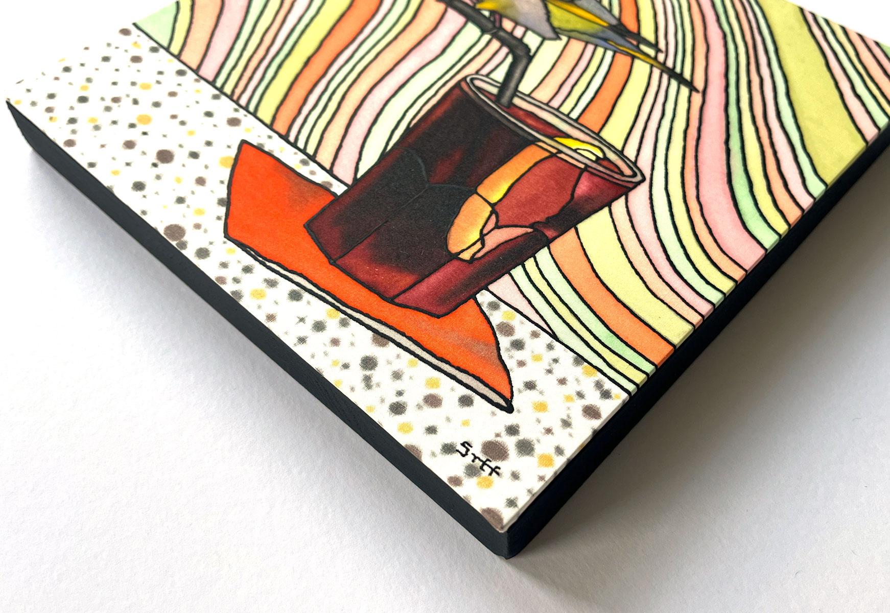 Negreeni - Greenfinch and Negroni Silk Painting Showing Frame