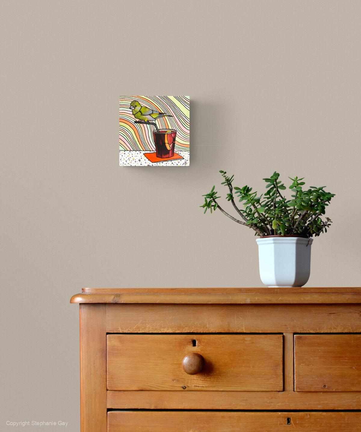 Negreeni - Greenfinch and Negroni Silk Painting in a Room Setting