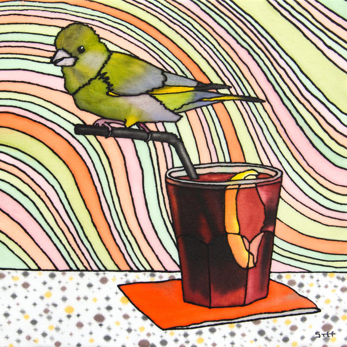 Negreeni - Greenfinch and Negroni Silk Painting