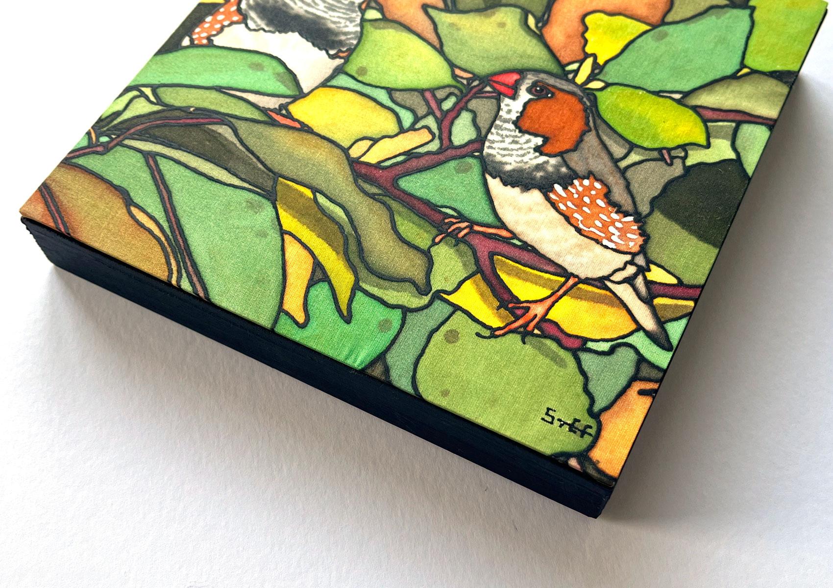 Zebra Finches Silk Painting Showing Frame