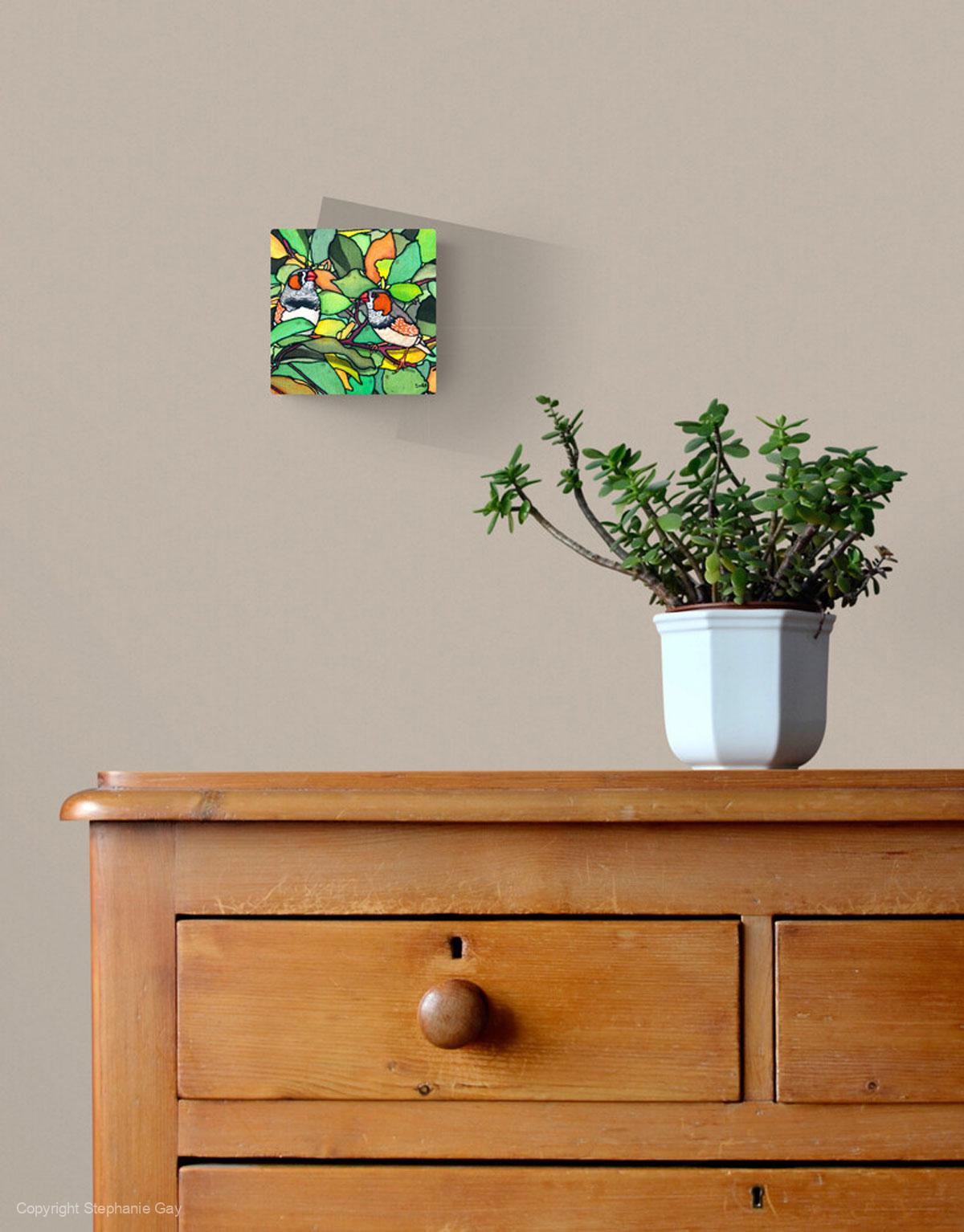 Zebra Finches Silk Painting in a Room Setting