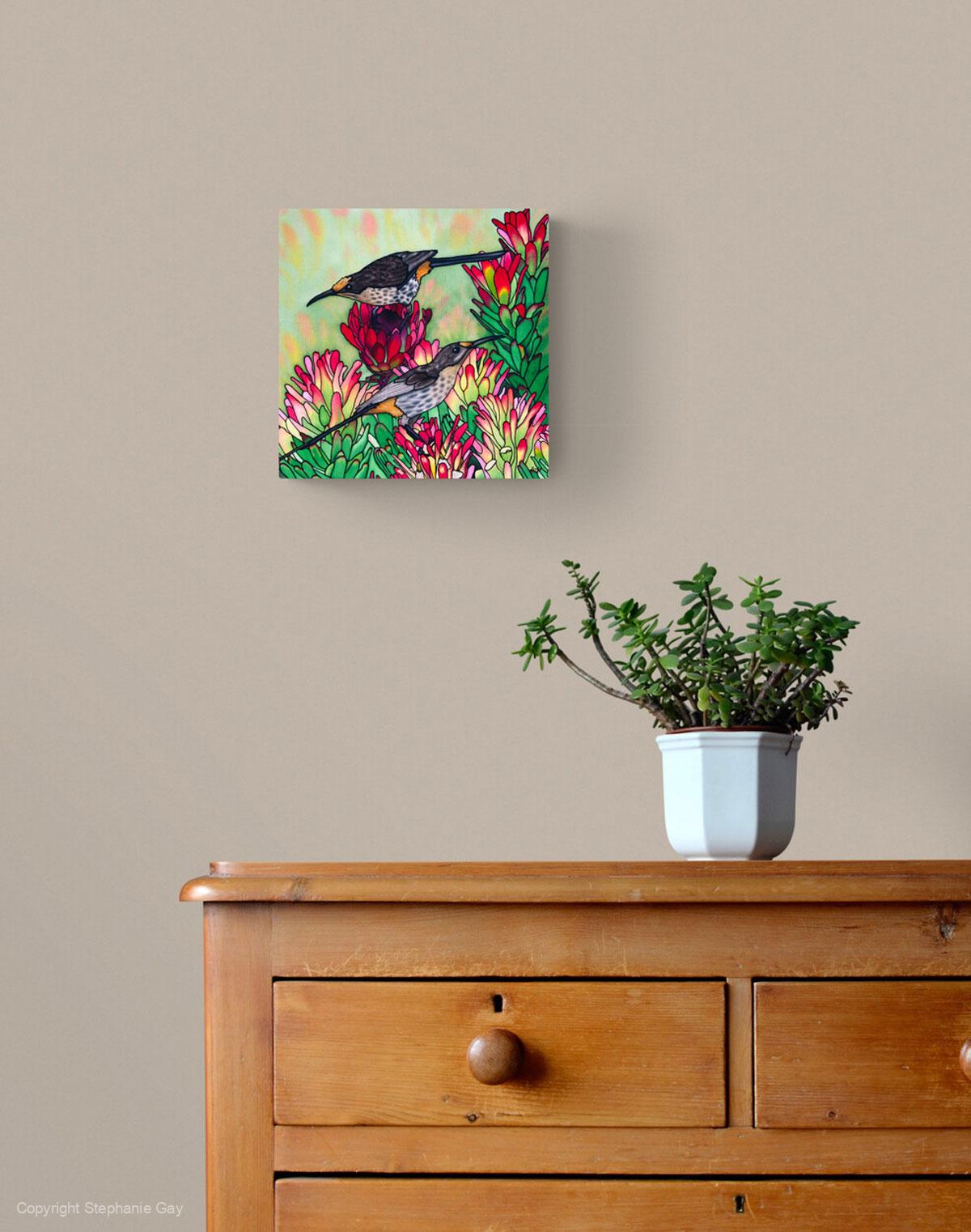 Sugarbirds and Protea Silk Painting in a Room Setting