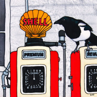 The Petrol Pump Attendant Silk Painting. Magpie on petrol pumps