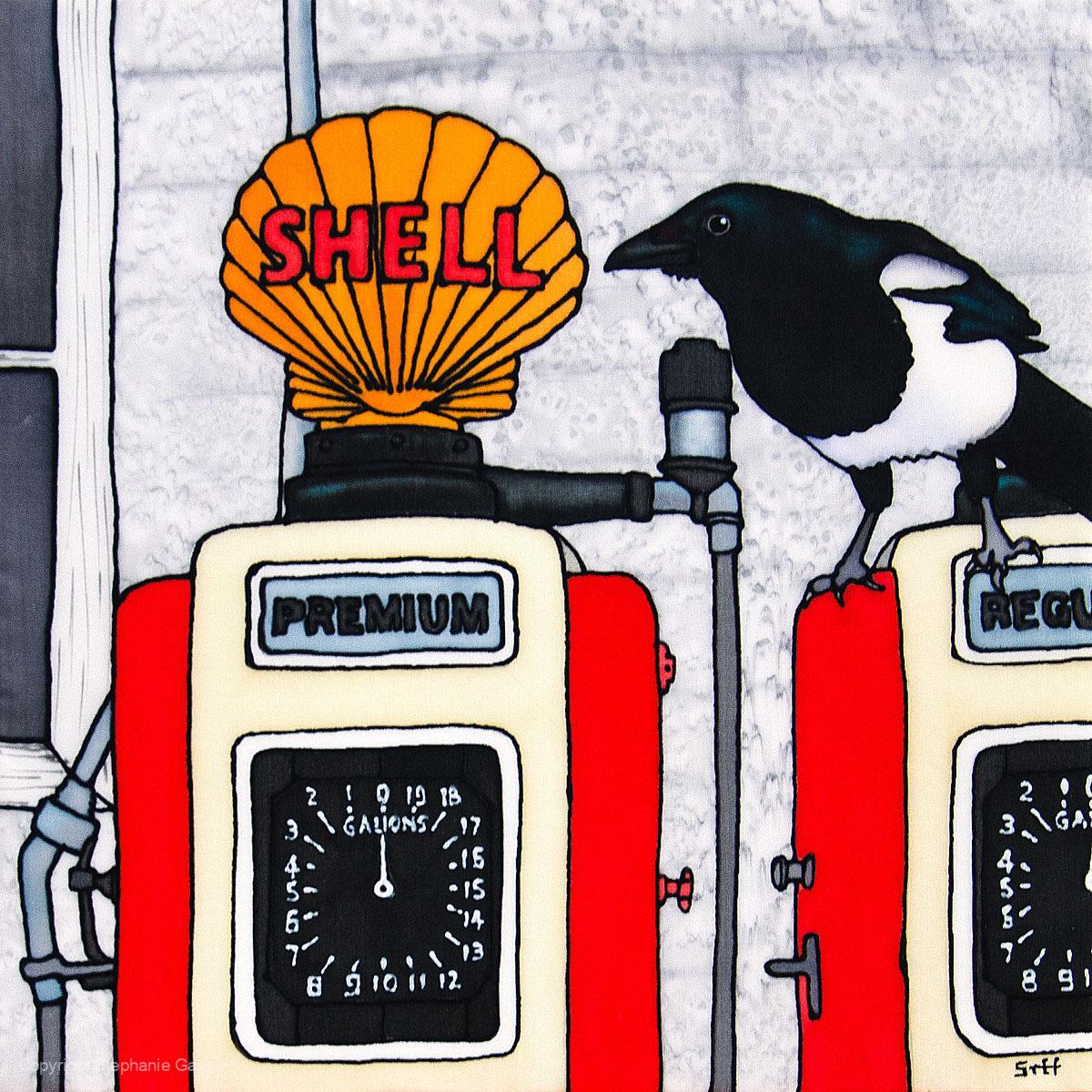 The Petrol Pump Attendant Silk Painting. Magpie on petrol pumps