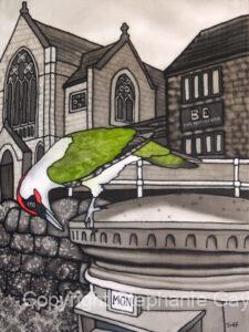 The Postman Silk Painting. Green Woodpecker on postbox in Portishead High Street