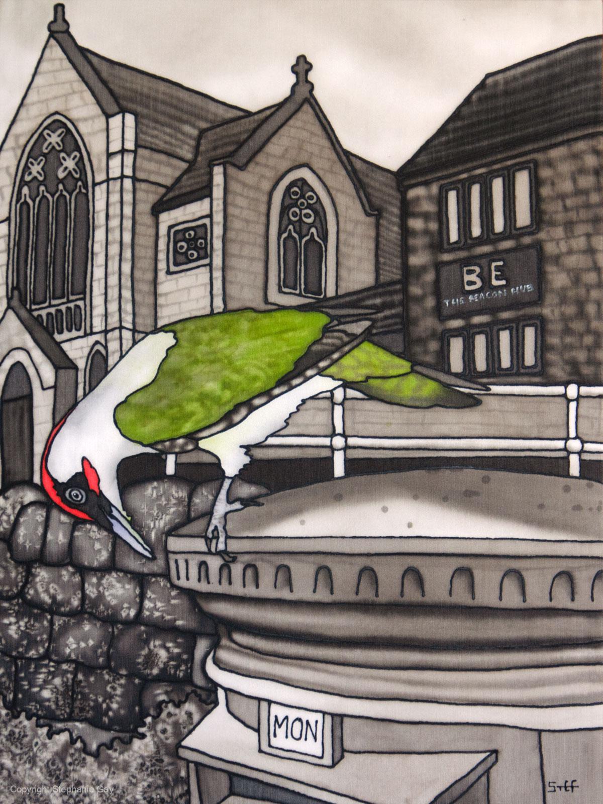 The Postman Silk Painting. Green Woodpecker on postbox in Portishead High Street